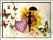 Grafika 2D, Liście, Jesień, Parasolka, Kobieta, Serce, Motyle