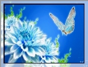 3D, Motyl, Tło, Niebieskie, Kwiat