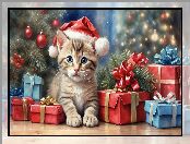 Choinka, Prezenty, 2D, Boże Narodzenie, Kot