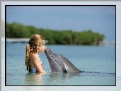 Delfin, Pocałunek, Dziewczynka, Woda