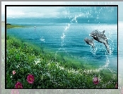 Delfiny, Kwiatki, Dwa, Morze