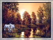 Drzewa, Konie, Jesień, Rzeka