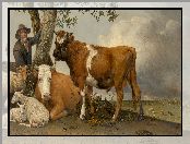 Byki, Mężczyzna, Malarstwo, Krowy, Owce, Paulus Potter, Obraz, Drzewo
