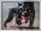 Zły, Dziecko, Digital Art, Piłka, Dziewczynka, Pies