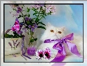 Fioletowa, Biały, Obraz, Kwiaty, Kot, Kokarda