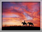 Jeździec, Zachód słońca, Konie