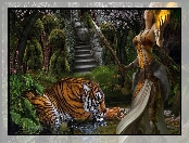 fantasy, Kobieta, Tygrys