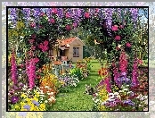 Komputerowa, Grafika, Kwiaty, Ogród, Kot