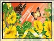 Komputerowa, Grafika, Kwiaty, Żółte, Motyle