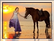 Koń, Kobieta, Słońca, Zachód, Sukienka, Morze