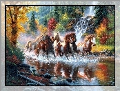 Konie, Drzewa, Galopujące, Rzeka