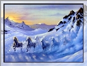Konie, Pędzące, Śnieg, Zima, Góry
