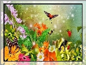 Kwiaty, Art, Kolorowe, Motyle