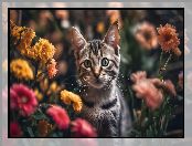 Kot, Kocię, Grafika, Kwiaty