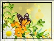 Kwiaty, Art, Żółte, Motyl