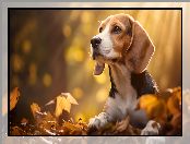 Pies, Beagle, Jesień, Liście