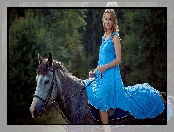 Niebieska, Koń, Kobieta, Sukienka