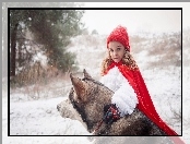 Zima, Śnieg, Czerwony Kapturek, Dziewczynka, Siberian Husky