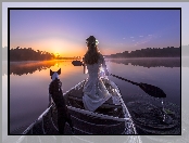 Łódka, Kobieta, Ślub, Wschód słońca, Pies, Jezioro