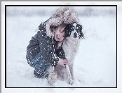 Radość, Śnieg, Chłopczyk, Pies, Zima