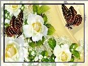 Róże, Art, Białe, Motyle