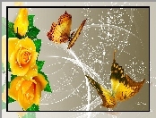 Róże, Art, Żółte, Motyle