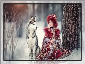 Siberian husky, Drzewo, Dziewczynka, Pies, Zima