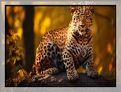 Jaguar, Siedzący, Liście, Spojrzenie