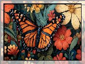 Listki, Kwiaty, Grafika 2D, Pomarańczowy, Motyl