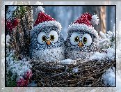 Czapki, Drzewo, Grafika AI, Sowy, Gniazdo