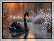 Zarośla, Staw, Grafika AI, Czarny, Łabędź