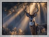 Jeleń, Las, Grafika AI, Przebijające światło