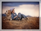Łąka, Golden retriever, Chłopiec, Dziecko, Pies