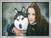 Śnieg, Kobieta, Alaskan Malamute