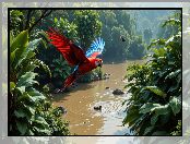 Lot, Rzeka, Fruwająca, Ara, Rośliny, Papuga, Zielone