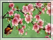 Art, Motyl, Owocowego, Kwiaty, Drzewa