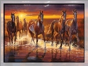 Art, Woda, Słońca, Zachód, Konie