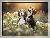 Dwa, Psy, Kwiaty, Beagle