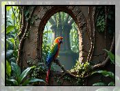 Ściana, Betonowa, Rośliny, Papuga, Ara