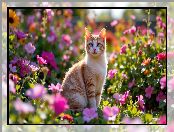Rudo-biały, Kot, Kwiaty, Kolorowe