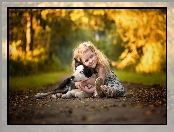 Border collie, Liście, Dziewczynka, Droga