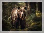 Niedźwiedź brunatny, Grizzly, Drzewa, Las