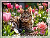 Kot, Leżący, Kwiaty, Bury