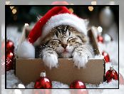 Mikołaja, Mały, Szary, Czapka, Bombki, Kot, Pudełko