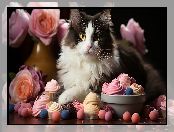 Babeczki, Kot, Kwiaty, Czarno-biały, Puszysty