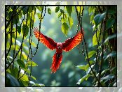 AI, Papuga, Ptak, Czerwona, Liany, Liście