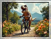 Ścieżka, Tyranozaur, Śmieszne, Dinozaur, Rower, Kwiaty