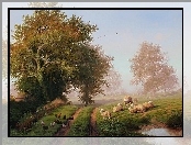 Obrazu, Drzewa, Owce, Łąki, Reprodukcja, Kury, Droga