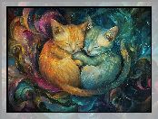 Koty, Dwa, Grafika, Śpiące, Przytulone