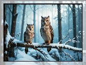 Sowy, Dwie, Gałąź, Zima, Las